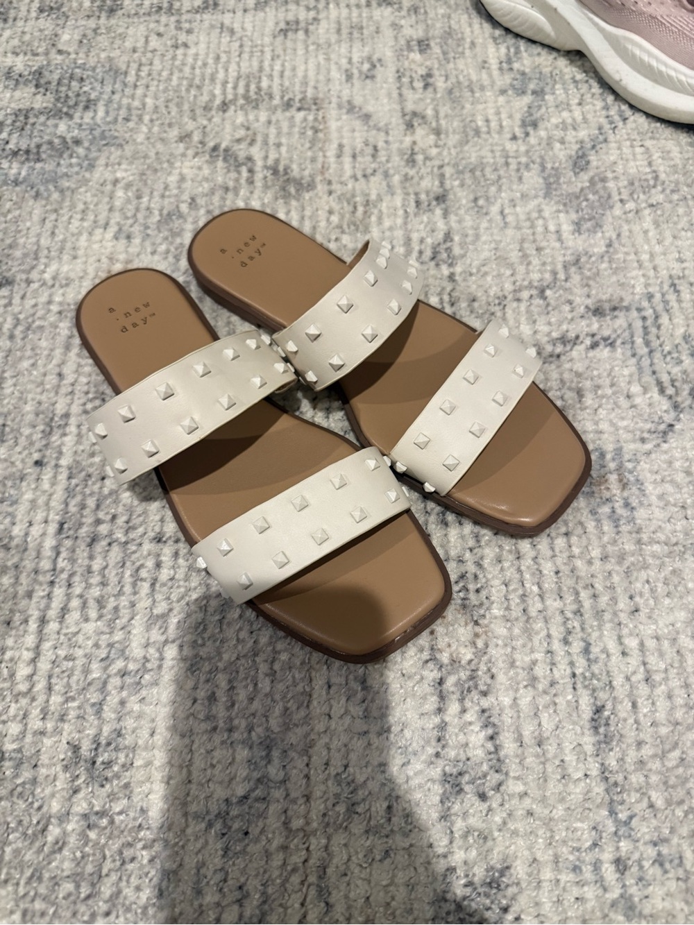 a new day White Double-Strap Stud Slide Sandals with Tan Footbed